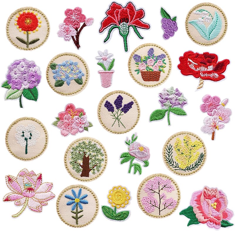 23 Pcs Iron on Patches Flower Appliques Stickers, Rose Hydrangea Lotus Mixed Flower Basket Embroidery Decorative Patches Applique Sew on Patches for Craft DIY, Clothes, Dress, Hat - Image 1